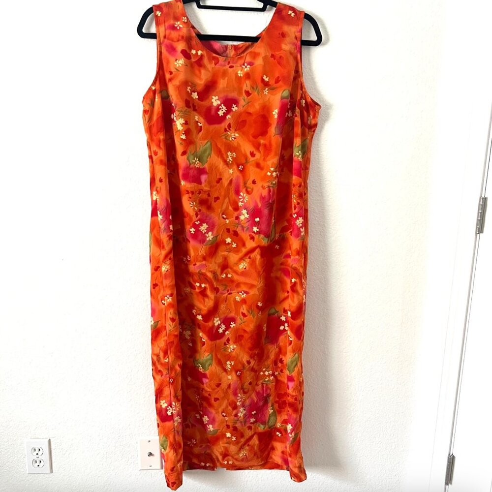 Vintage 90s Sz‎ 14P Orange Pink Floral Sleeveless Sun Dress Tropical Vacation